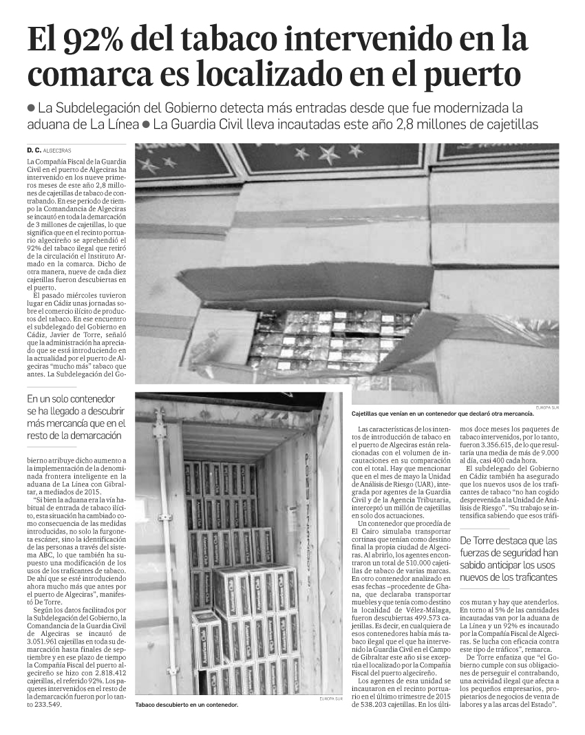 El puerto de Algeciras, puerta de entrada del 92% del tabaco ilegal incautado en el Campo de Gibraltar
